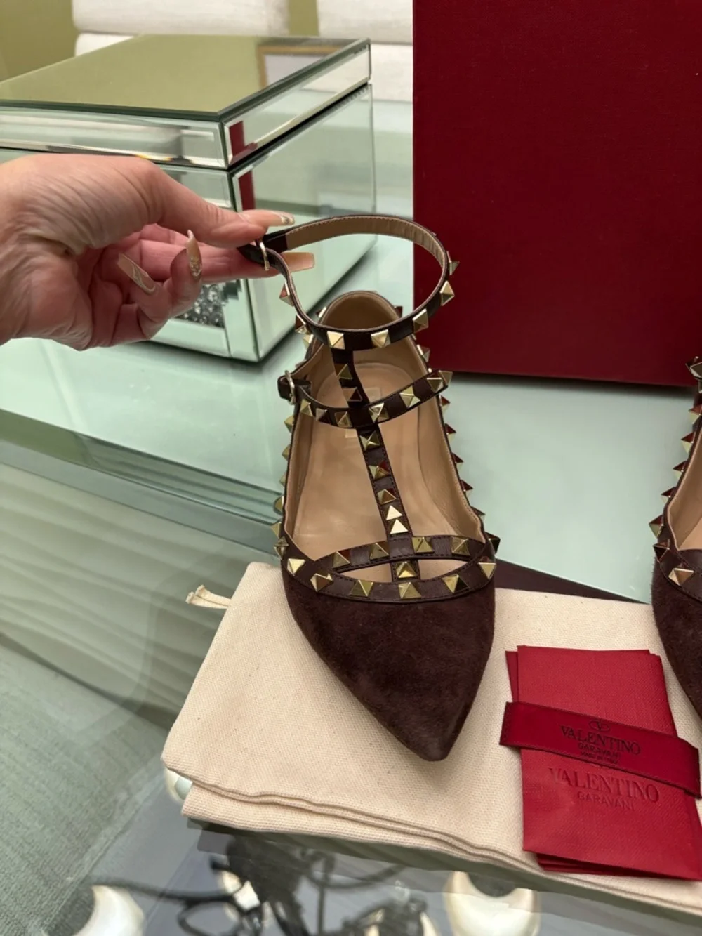 Authentic Valentino Brown Suede Rockstud Caged Pointed-Toe Flats